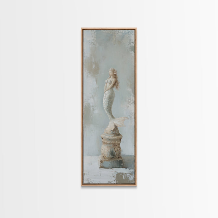 White Mermaid Statue Coastal Wall Art, Nautical Bathroom Canvas Print, Beach House Decor, Feminine Fantasy Gift For Her Home