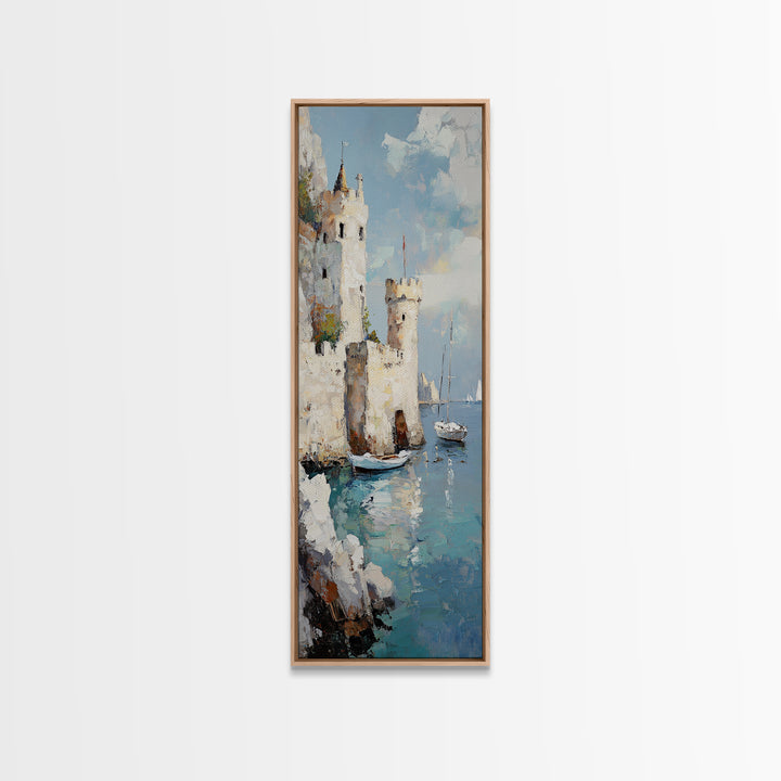 Seaside Castle With Sailboats Canvas Print, Coastal Wall Art, Mediterranean Decor, Lake Como Art, Nautical Living Room Decor