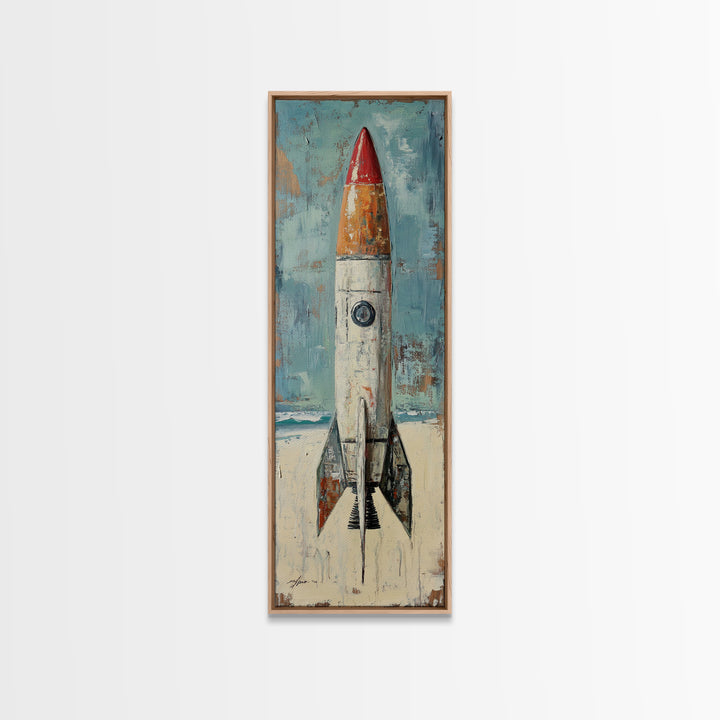 Retro Red Rocket Ship Canvas Print, Space Wall Art, Futuristic Wall Decor, Kids Room Decor, Sci Fi Nursery Art Gift For Boys