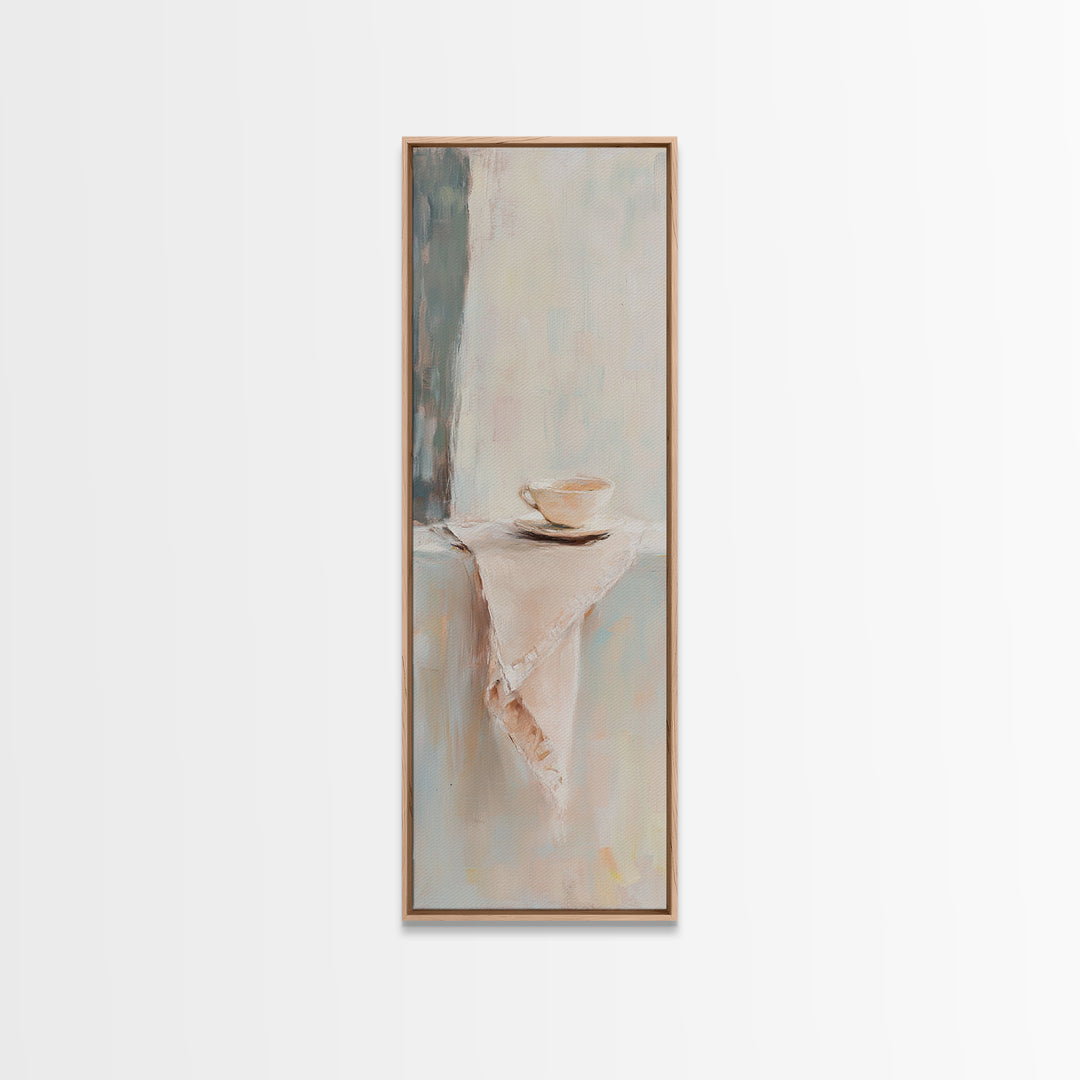 Minimalist Teacup On Linen Shelf Wall Art, Neutral Kitchen Decor, Coffee Bar Art Print, Japandi Canvas Print, Gift For Her