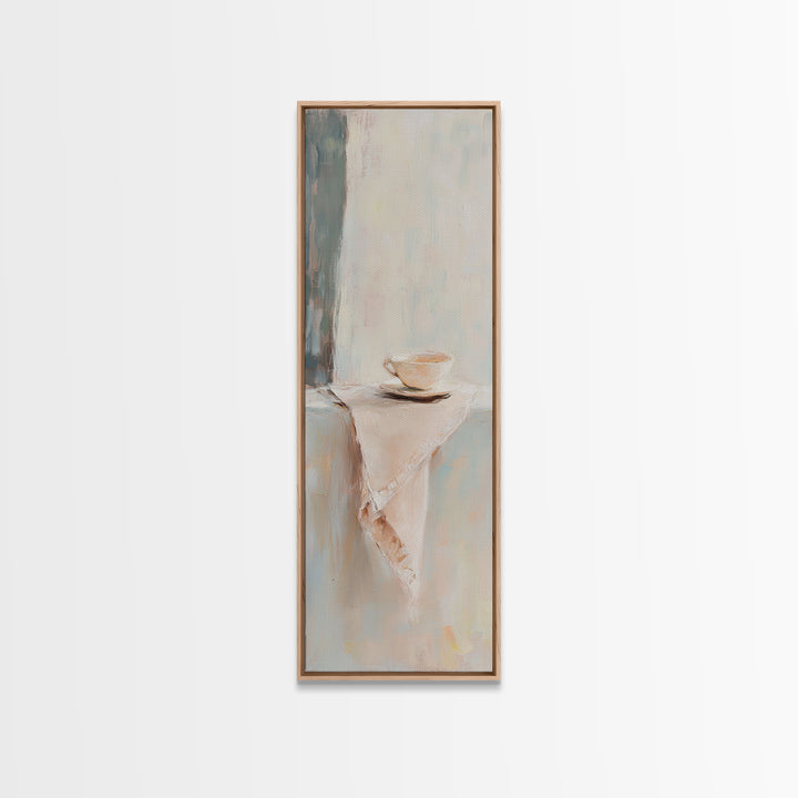 Minimalist Teacup On Linen Shelf Wall Art, Neutral Kitchen Decor, Coffee Bar Art Print, Japandi Canvas Print, Gift For Her