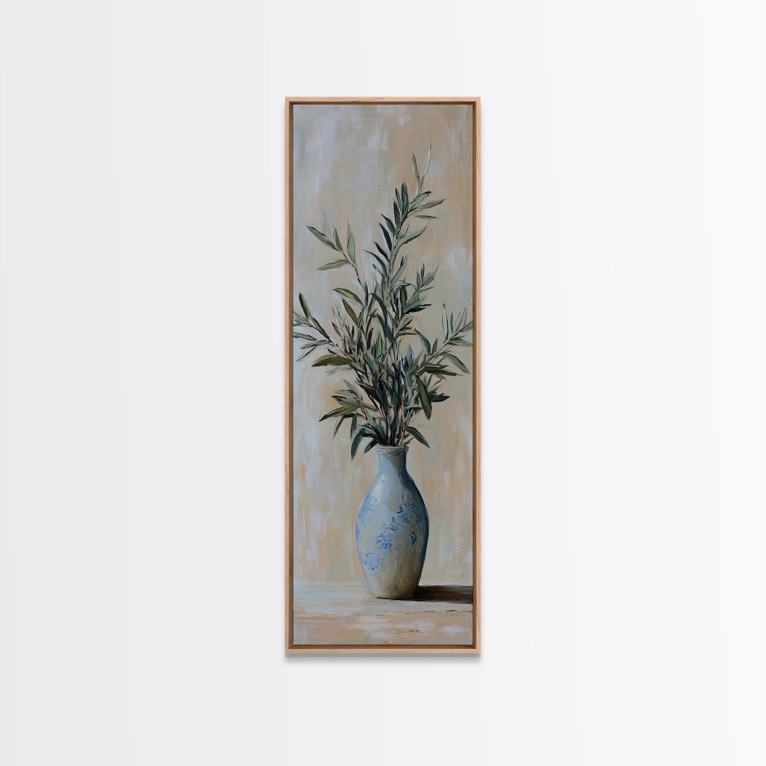 Olive Branches In Blue Vase Framed Canvas Print, Botanical Wall Art, Neutral Wall Decor, Mediterranean Home Decor Gift For Her