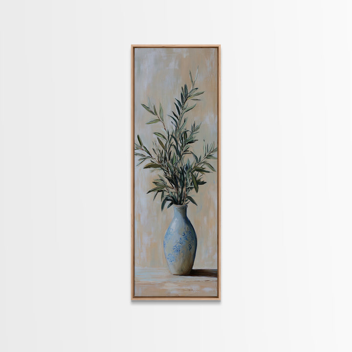 Olive Branches In Blue Vase Framed Canvas Print, Botanical Wall Art, Neutral Wall Decor, Mediterranean Home Decor Gift For Her