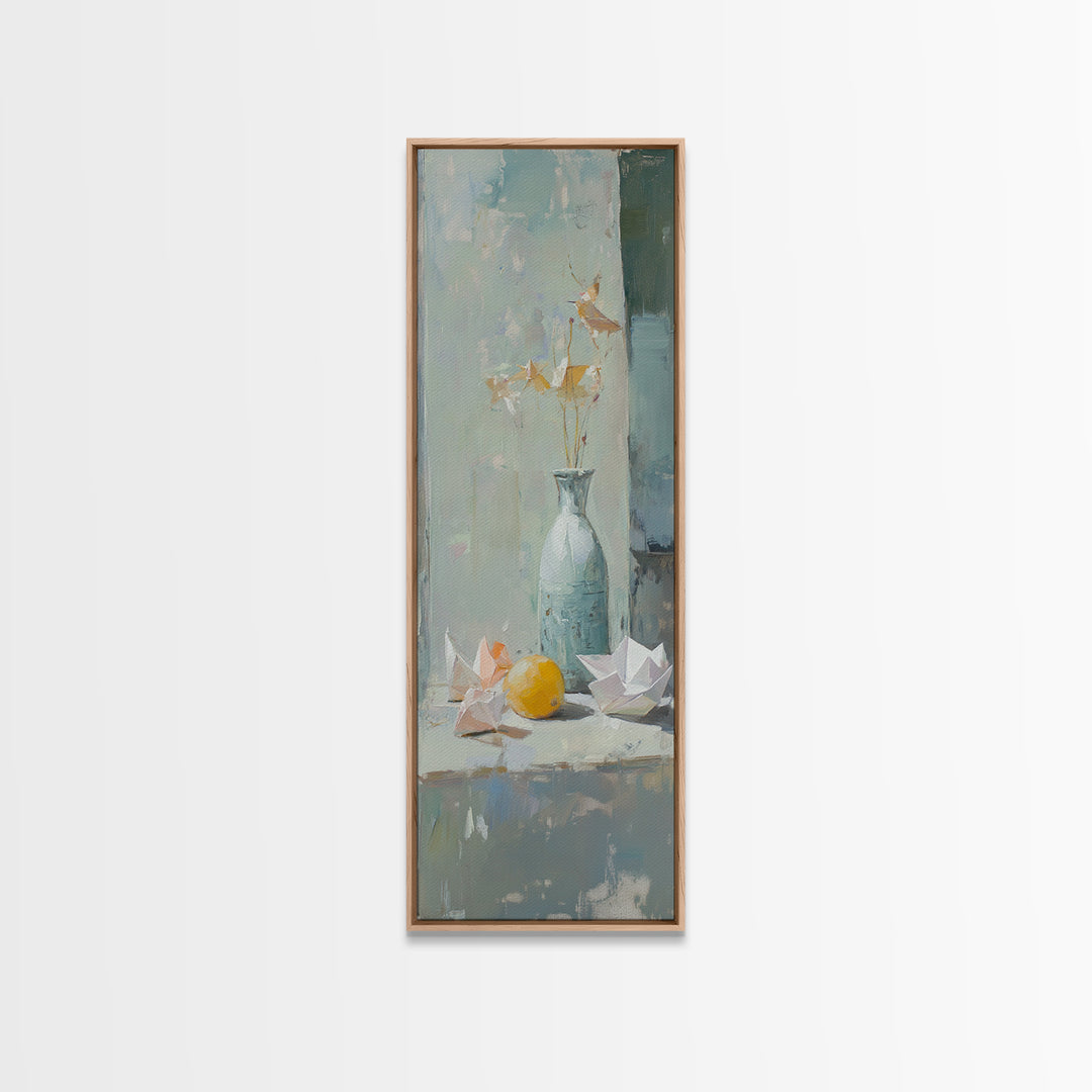 Blue Vase With Paper Cranes And Lemon Wall Art, Soft Still Life Canvas Print For Kitchen Decor And Neutral Home Decor Gift