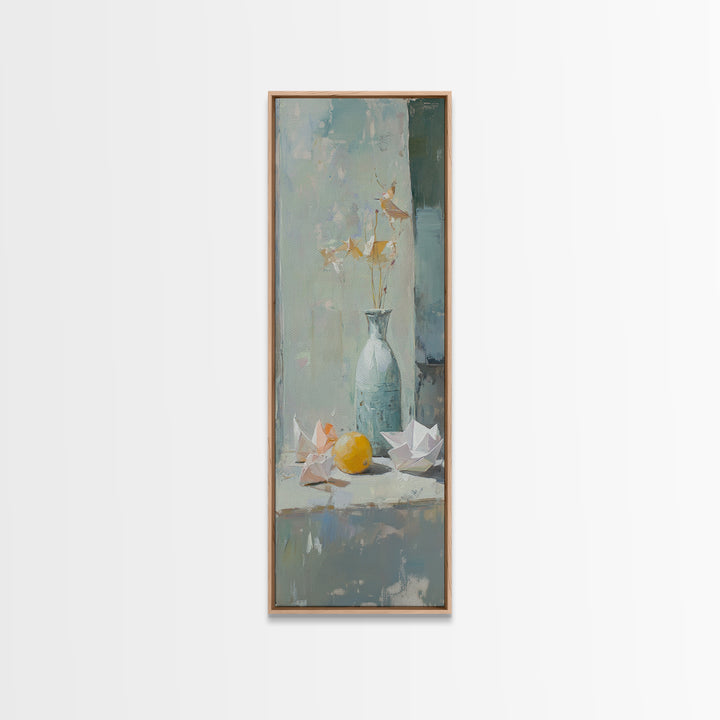 Blue Vase With Paper Cranes And Lemon Wall Art, Soft Still Life Canvas Print For Kitchen Decor And Neutral Home Decor Gift