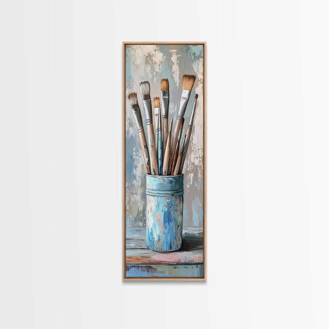 Paint Brushes In Blue Tin Wall Art, Artist Studio Canvas Print For Office Decor, Creative Home Decor And Gift For Art Lover