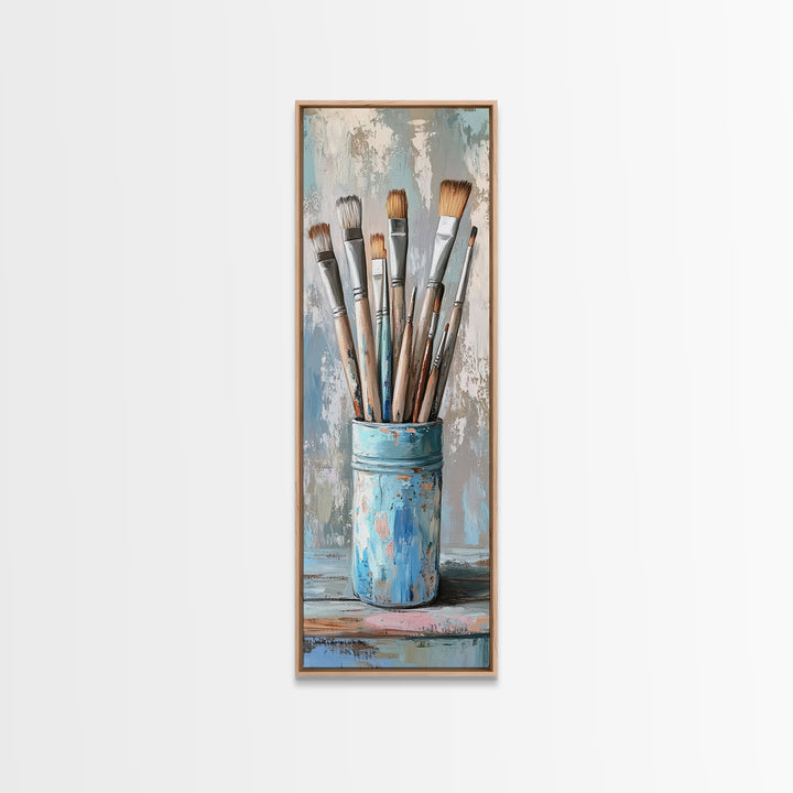 Paint Brushes In Blue Tin Wall Art, Artist Studio Canvas Print For Office Decor, Creative Home Decor And Gift For Art Lover
