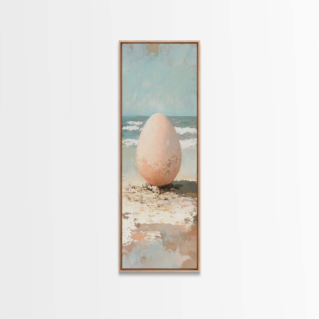Speckled Egg On Sandy Beach Canvas Print, Surreal Coastal Wall Art For Beach House Decor, Ocean Wall Decor And Unique Gift