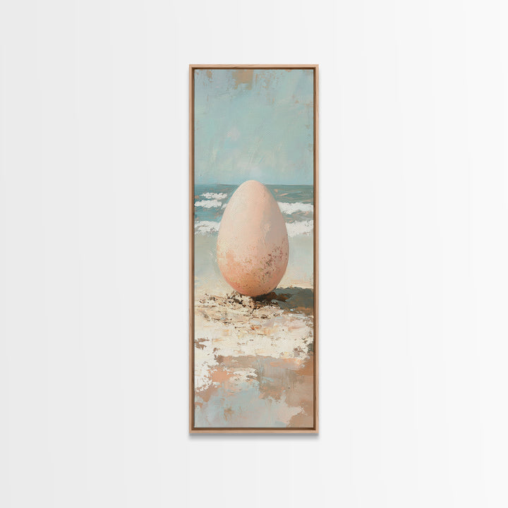 Speckled Egg On Sandy Beach Canvas Print, Surreal Coastal Wall Art For Beach House Decor, Ocean Wall Decor And Unique Gift