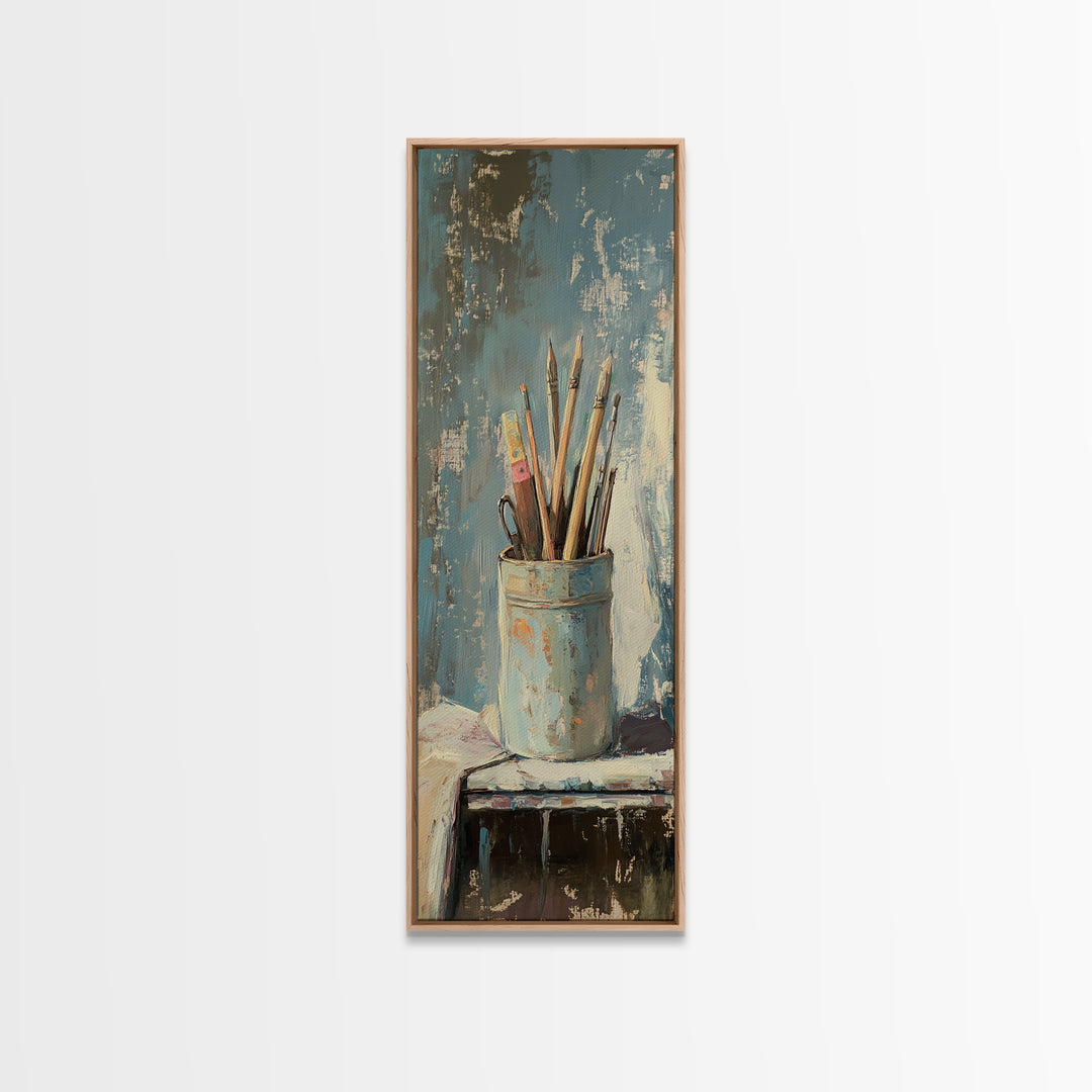 Paintbrushes In Blue Cup Wall Art, Artist Studio Canvas Print, Rustic Creative Office Decor For Art Lover Gift And Home Decor