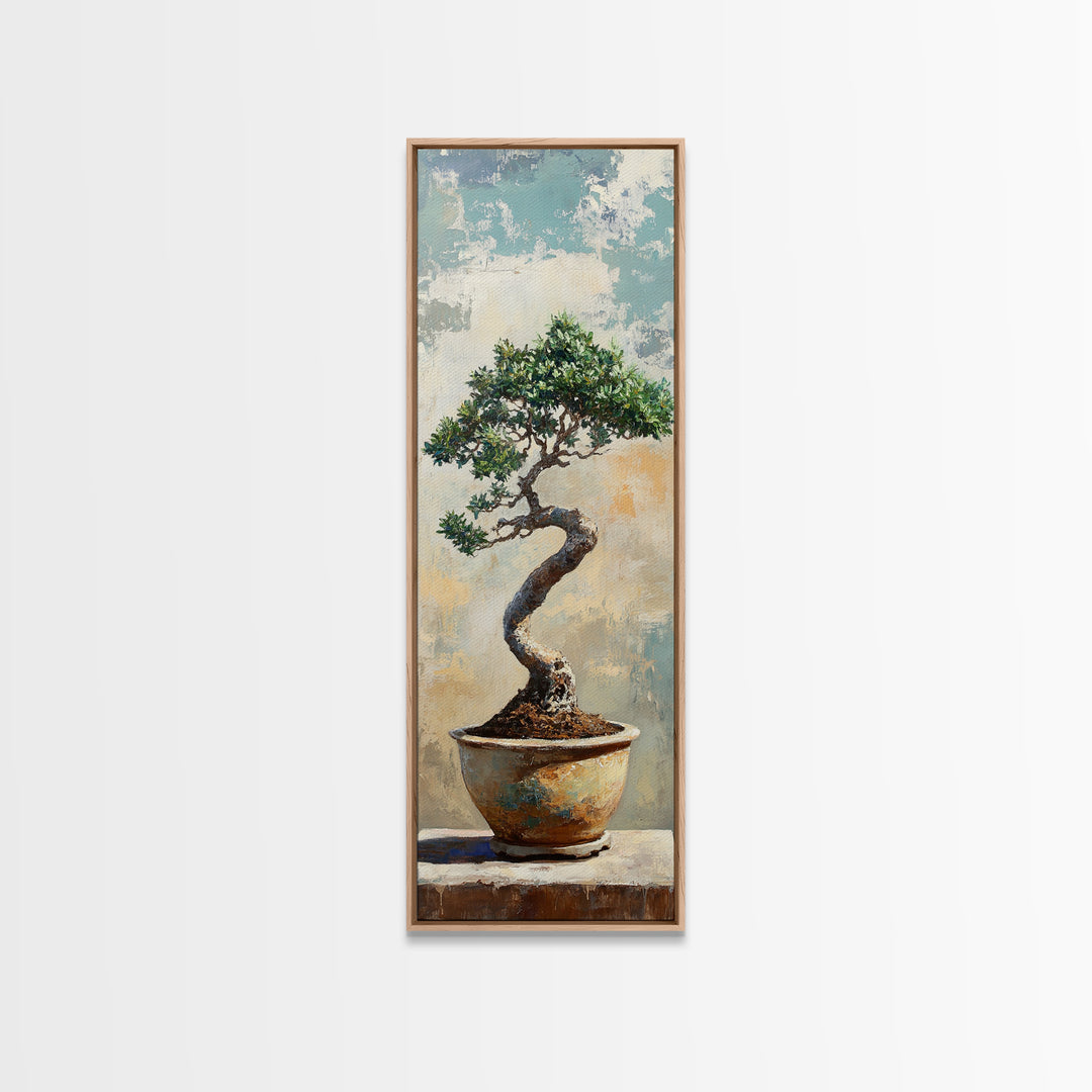 Bonsai Tree In Ceramic Pot Framed Canvas Print, Japanese Zen Wall Art, Nature Inspired Decor For Office And Meditation Room
