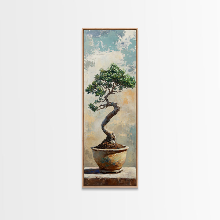 Bonsai Tree In Ceramic Pot Framed Canvas Print, Japanese Zen Wall Art, Nature Inspired Decor For Office And Meditation Room
