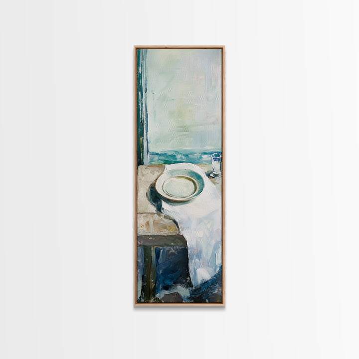 Seaside White Plate And Cup Minimalist Canvas Print, Coastal Kitchen Wall Art, Ocean View Decor, Beach House Gift For Her