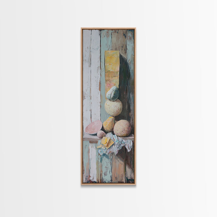 Pastel Stone Stack Still Life Framed Canvas Print, Wabi Sabi Wall Art, Neutral Rustic Decor, Organic Modern Art Gift For Her