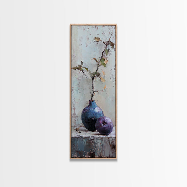 Rustic Blue Vase And Purple Fruit Still Life Wall Art, Textured Botanical Canvas Print For Kitchen And Living Room Decor