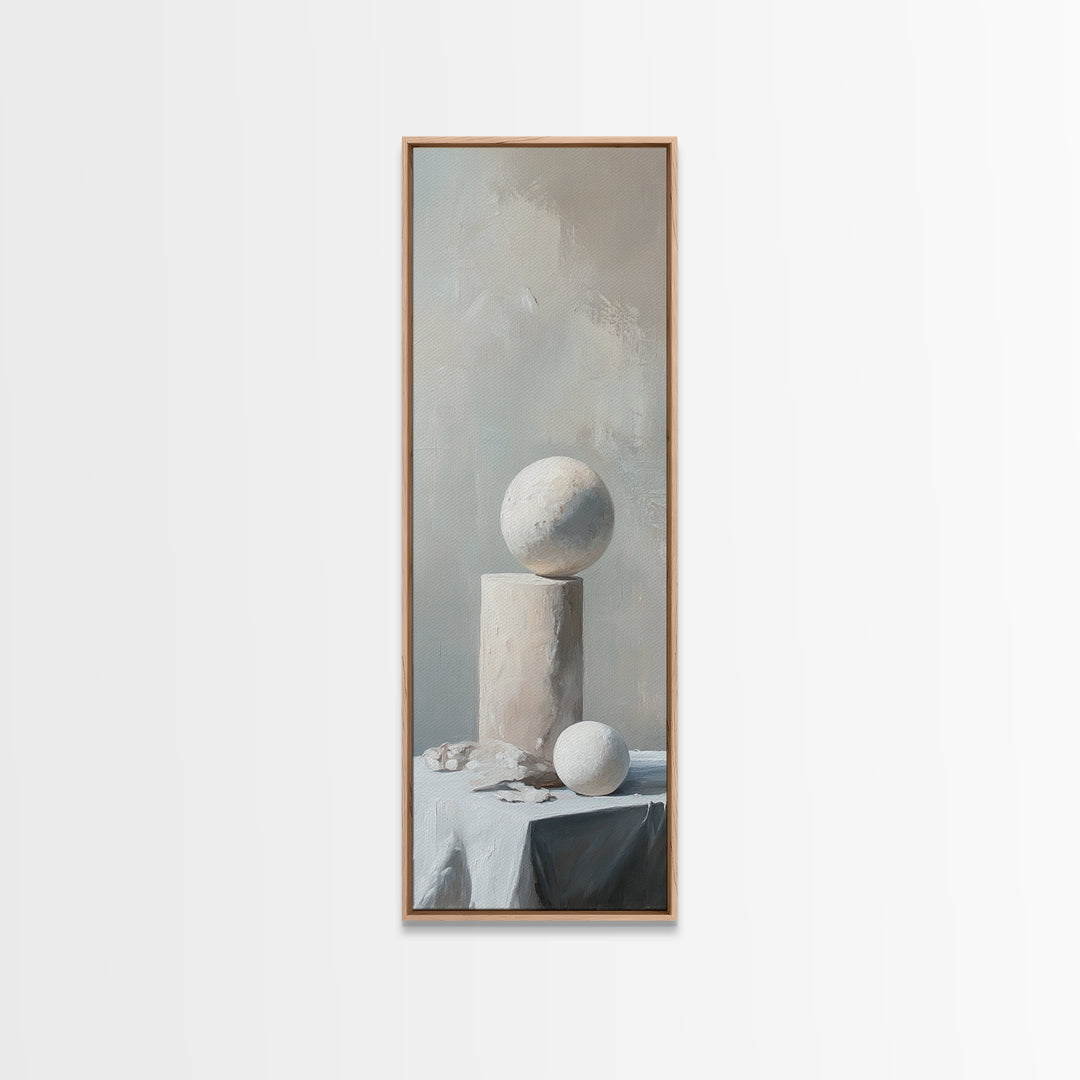 Minimalist White Sphere And Column Still Life Wall Art, Neutral Abstract Canvas Print For Modern Office Decor And Home Decor