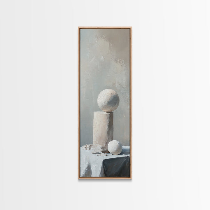 Minimalist White Sphere And Column Still Life Wall Art, Neutral Abstract Canvas Print For Modern Office Decor And Home Decor
