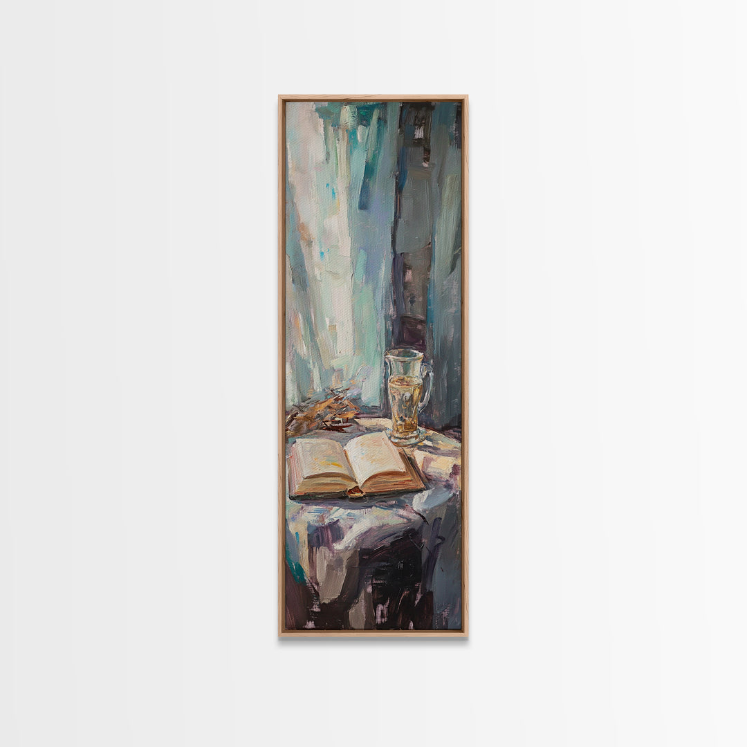 Open Book And Wine Glass By Window Wall Art, Moody Reading Nook Canvas Print For Library Decor, Home Office Decor And Book Lover Gift