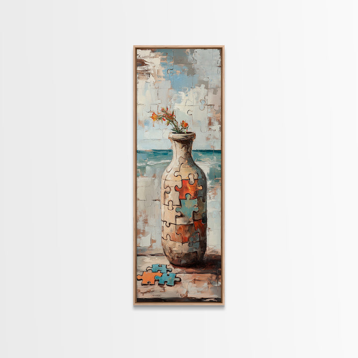 Puzzle Piece Vase With Wildflowers Canvas Print, Whimsical Wall Art, Eclectic Home Decor, Colorful Art, Statement Wall Art
