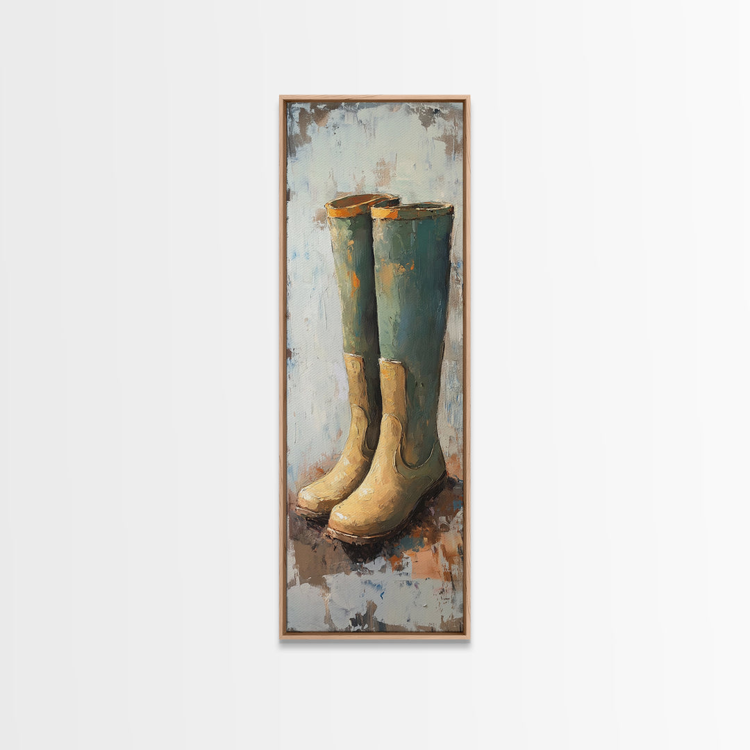 Tall Green Rain Boots Oil Painting Canvas Print, Rustic Farmhouse Decor, Country Wall Art, Mudroom Housewarming Gift For Her