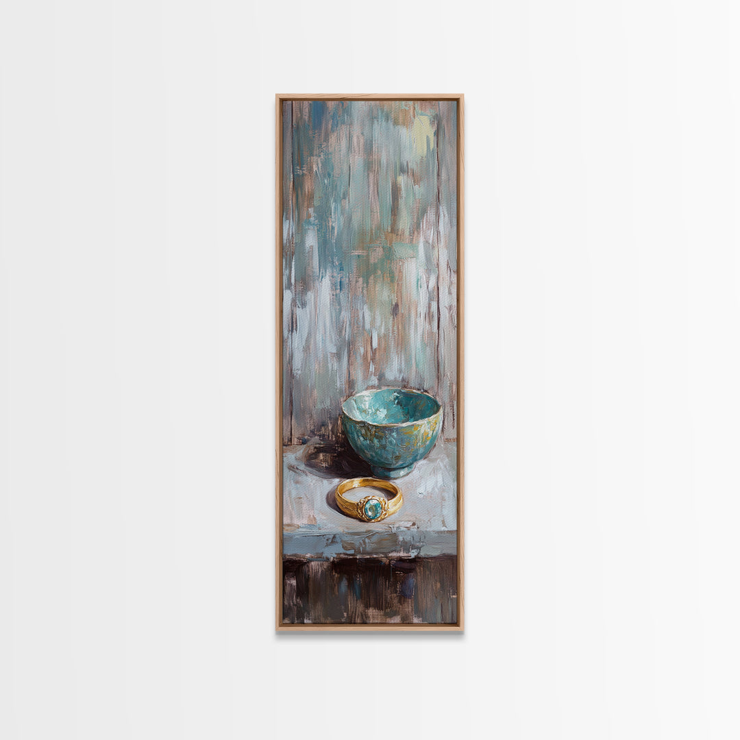 Turquoise Bowl With Gold Ring Oil Painting Canvas Print, Wabi Sabi Wall Art, Rustic Boho Home Decor, Unique Gift For Her