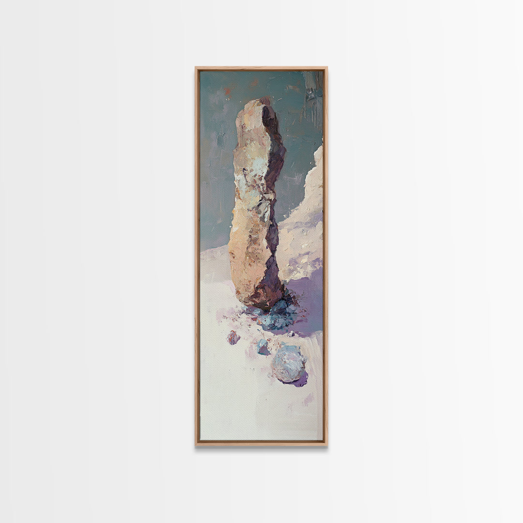Snowy Standing Stone Impasto Landscape Canvas Print, Minimalist Winter Wall Art, Neutral Nature Decor, Calm Office Art Print