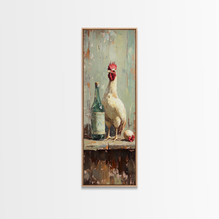 Rustic White Rooster And Green Bottle Framed Canvas Print, Farmhouse Kitchen Wall Art, Country Decor, Chicken Lover Gift