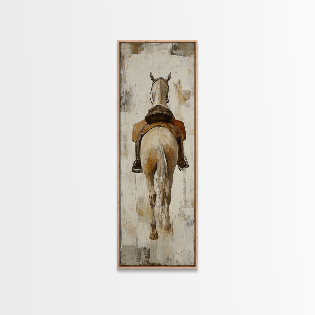 Saddled White Horse From Behind Framed Canvas Print, Equestrian Wall Art, Western Farmhouse Decor, Gift For Horse Lovers