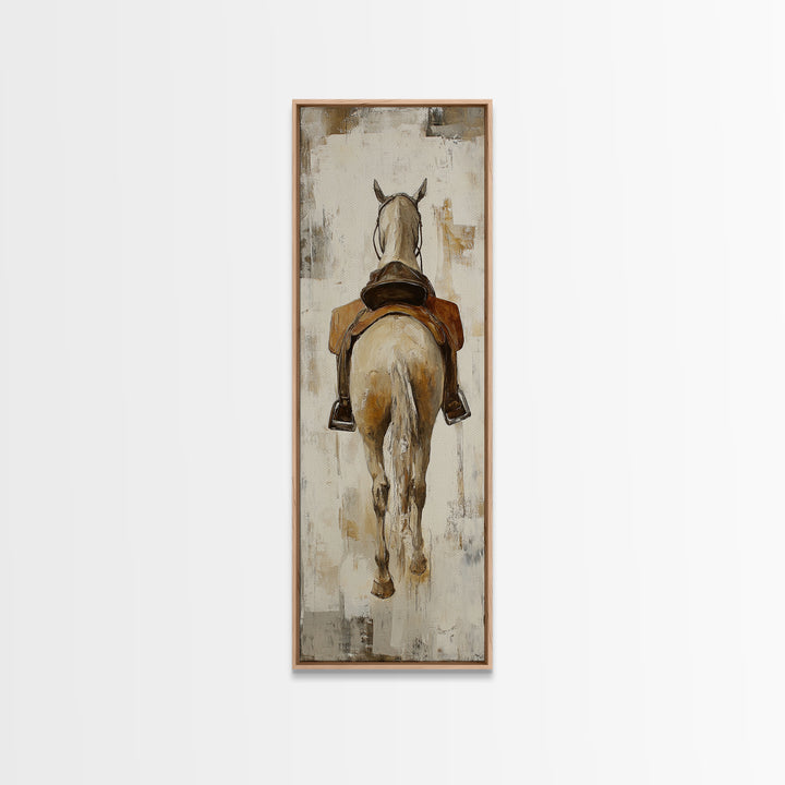 Saddled White Horse From Behind Framed Canvas Print, Equestrian Wall Art, Western Farmhouse Decor, Gift For Horse Lovers