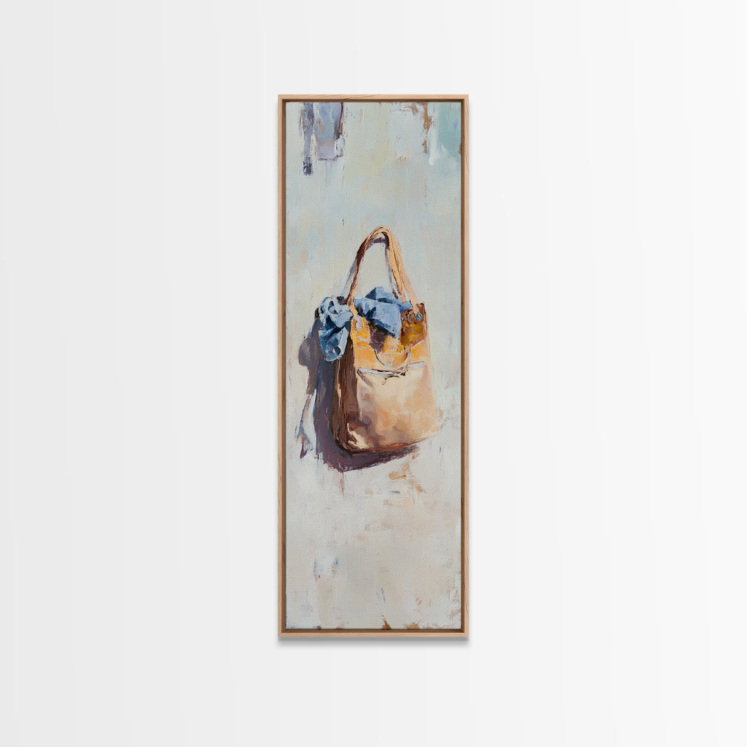 Hanging Tan Tote Bag With Blue Scarf Canvas Print, Fashion Wall Art, Feminine Bedroom Decor, Chic Closet Wall Decor, Gift For Her