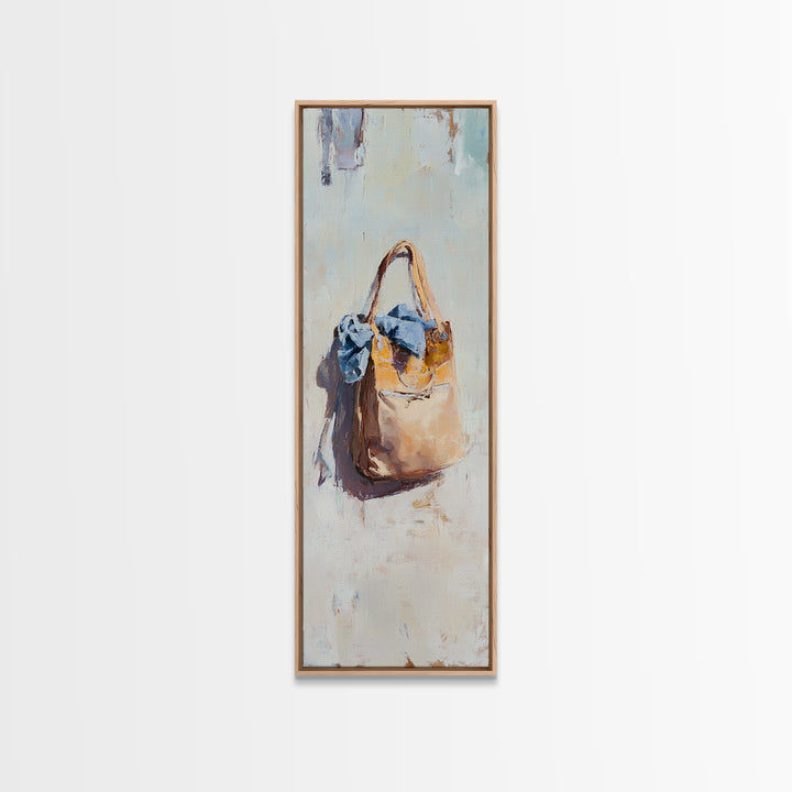 Hanging Tan Tote Bag With Blue Scarf Canvas Print, Fashion Wall Art, Feminine Bedroom Decor, Chic Closet Wall Decor, Gift For Her