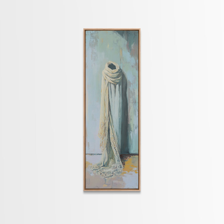 Draped White Scarf On Blue Wall Canvas Print, Minimalist Textile Wall Art, Neutral Bedroom Decor, Soft Wabi Sabi Art, Calming Decor