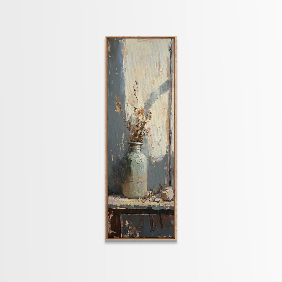 Pale Ceramic Vase With Dried Flowers Canvas Print, Rustic Botanical Wall Art, Neutral Farmhouse Decor, Window Still Life