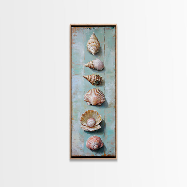 Six Seashells On Turquoise Wood Framed Canvas Print, Coastal Wall Art, Beach House Decor, Nautical Bathroom Wall Decor, Ocean Print