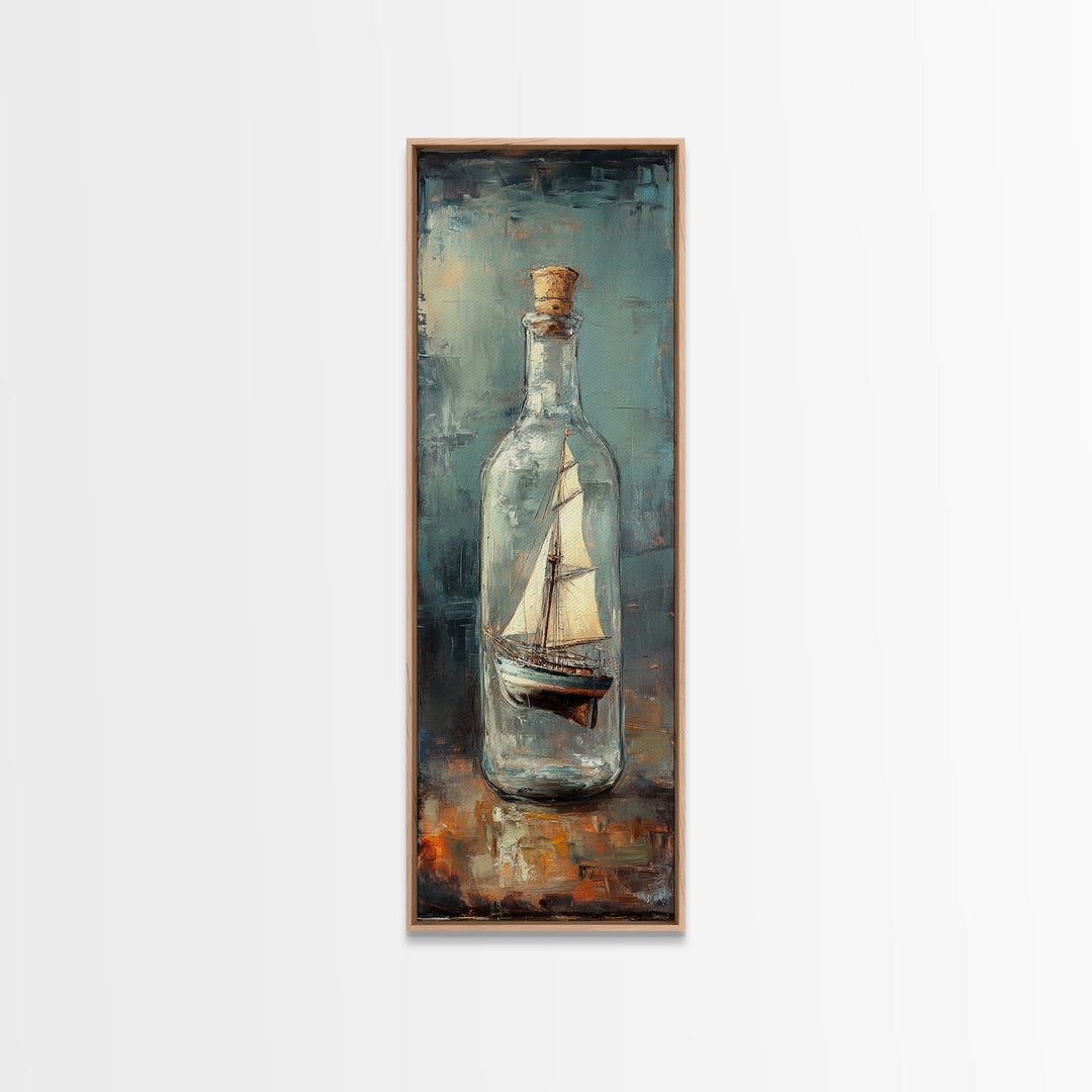 Ship In A Glass Bottle Framed Canvas Print, Nautical Wall Art, Coastal Home Decor, Lake House Decor, Ocean Wall Decor, Sailboat Art