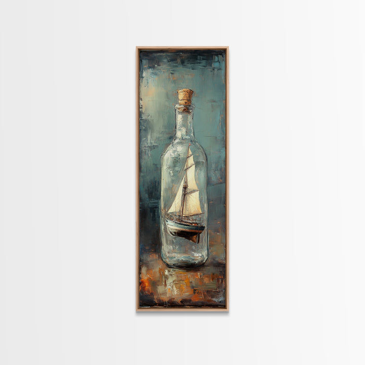 Ship In A Glass Bottle Framed Canvas Print, Nautical Wall Art, Coastal Home Decor, Lake House Decor, Ocean Wall Decor, Sailboat Art
