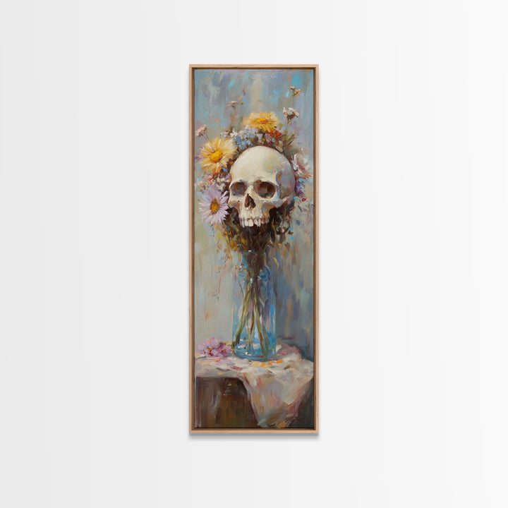 Floral Skull In Glass Vase Wall Art, Gothic Memento Mori Still Life Canvas, Dark Academia Decor, Moody Floral Gift For Her