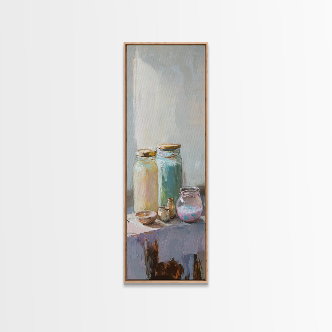 Pastel Glass Jars And Bottles Wall Art, Minimalist Still Life Canvas Print, Soft Kitchen Decor, Modern Home Decor, Housewarming Gift