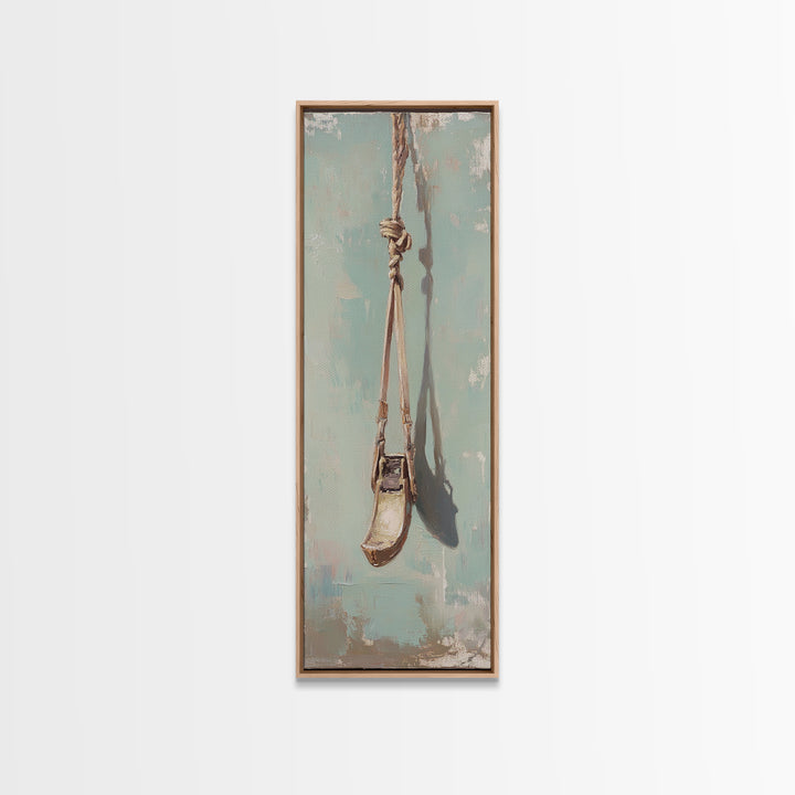 Weathered Rope Swing On Blue Wall Art, Rustic Minimalist Canvas Print, Nostalgic Nursery Or Patio Decor Housewarming Gift