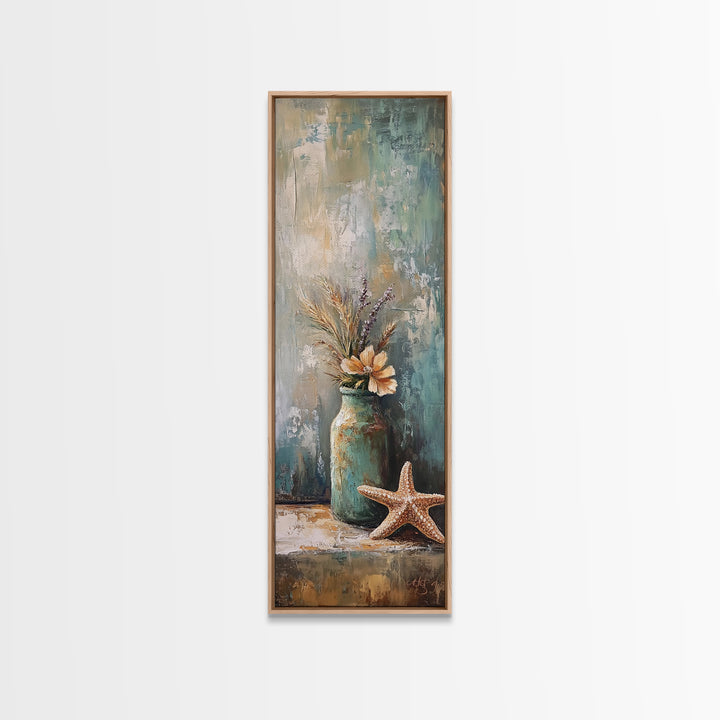 Rustic Jar With Dried Grass And Starfish Wall Art, Coastal Canvas Print, Beach House Decor, Neutral Farmhouse Gift, Living Room Decor