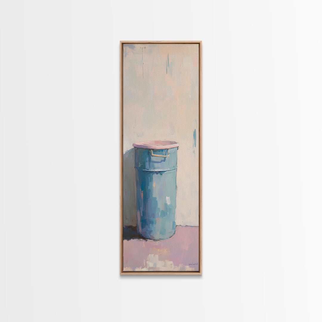 Minimal Blue Barrel Still Life Wall Art, Rustic Farmhouse Decor, Modern Canvas Print, Neutral Kitchen Art, Contemporary Painting