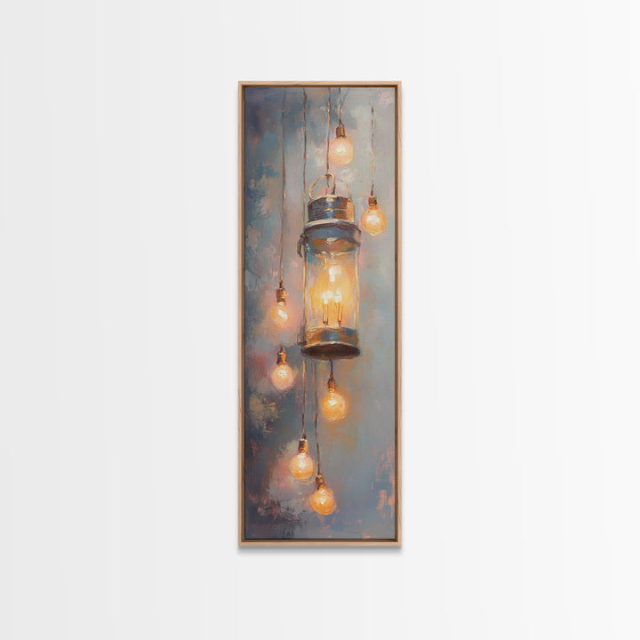 Glowing Mason Jar Lanterns Framed Canvas Print, Rustic Wall Art, Farmhouse Lighting Decor, Cozy Kitchen Wall Decor Gift Idea