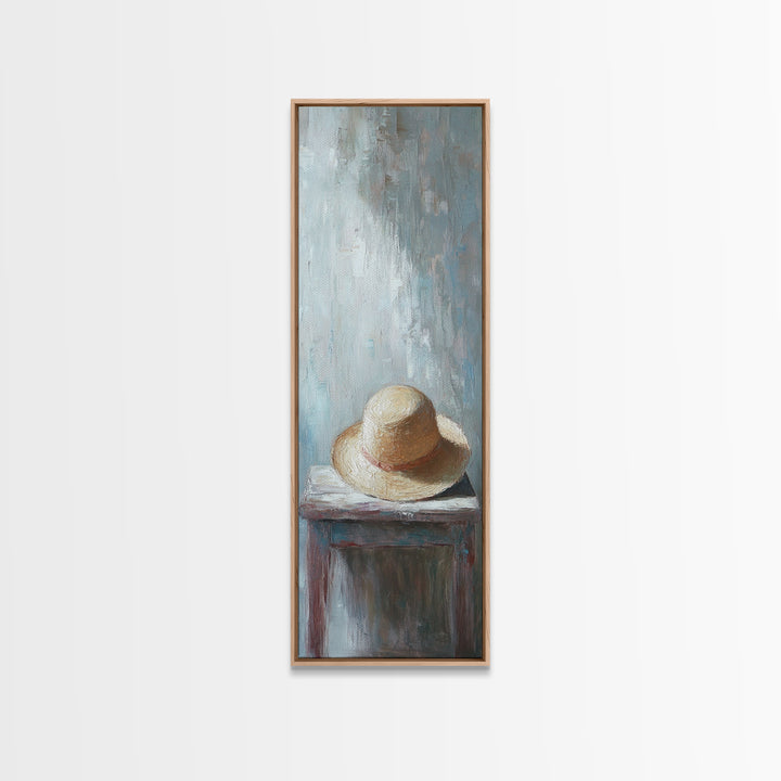 Straw Sun Hat On Weathered Table Canvas Print, Coastal Wall Art, Rustic Bedroom Decor, Neutral Farmhouse Home Decor Gift