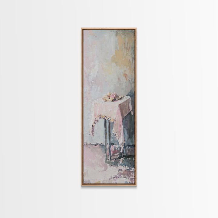 Pastel Pink Draped Table With Teacup Wall Art, Minimalist Canvas Print, Soft Abstract Still Life, Feminine Bedroom Decor