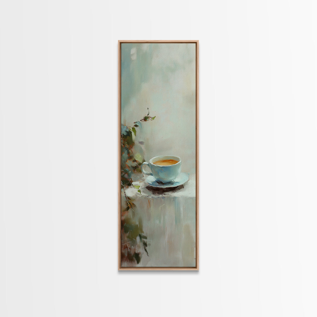 Blue Coffee Cup With Soft Green Foliage Wall Art, Minimalist Kitchen Decor, Cozy Cafe Print, Neutral Home Decor, Gift For Her