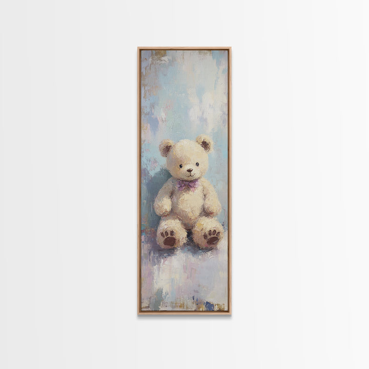 Cream Teddy Bear With Purple Bow Framed Canvas Print, Nursery Wall Art, Whimsical Animal Decor, Baby Shower Gift, Kids Room Decor