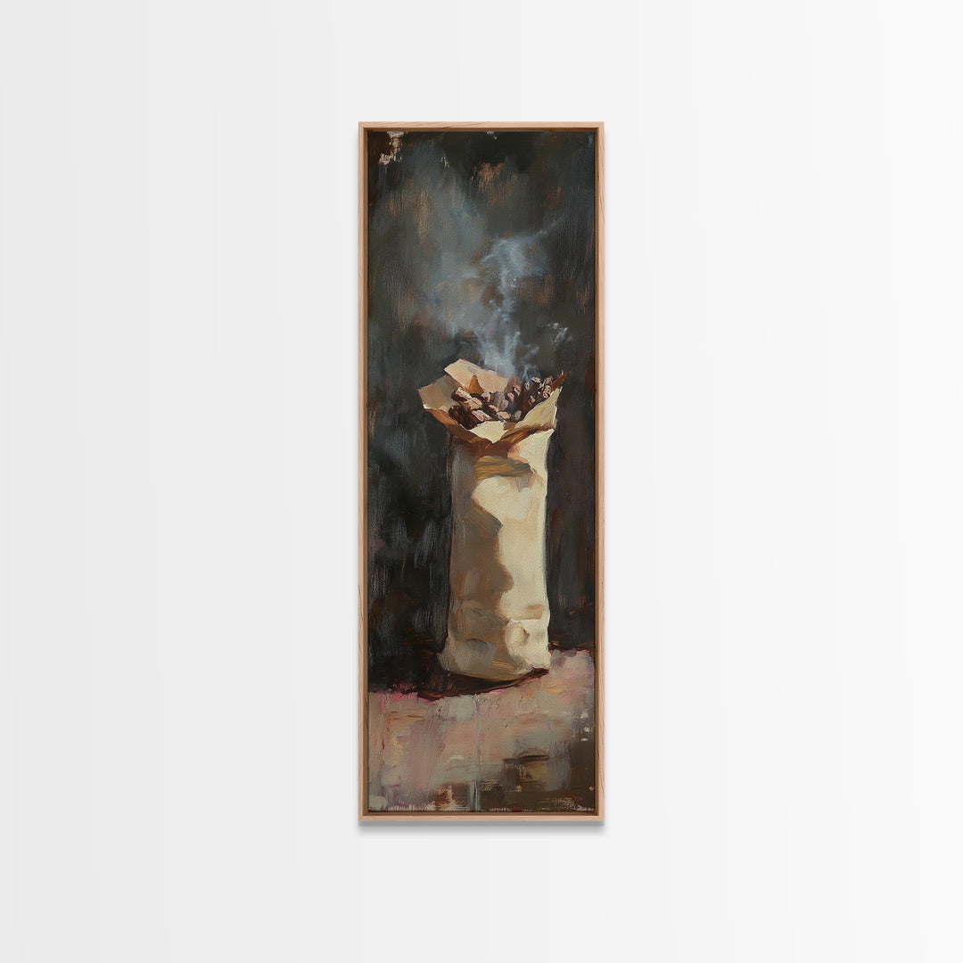 Moody Smoking Paper Bag Still Life Wall Art, Rustic Oil Painting Print, Dark Academia Decor, Unique Kitchen Wall Decor And Home Decor