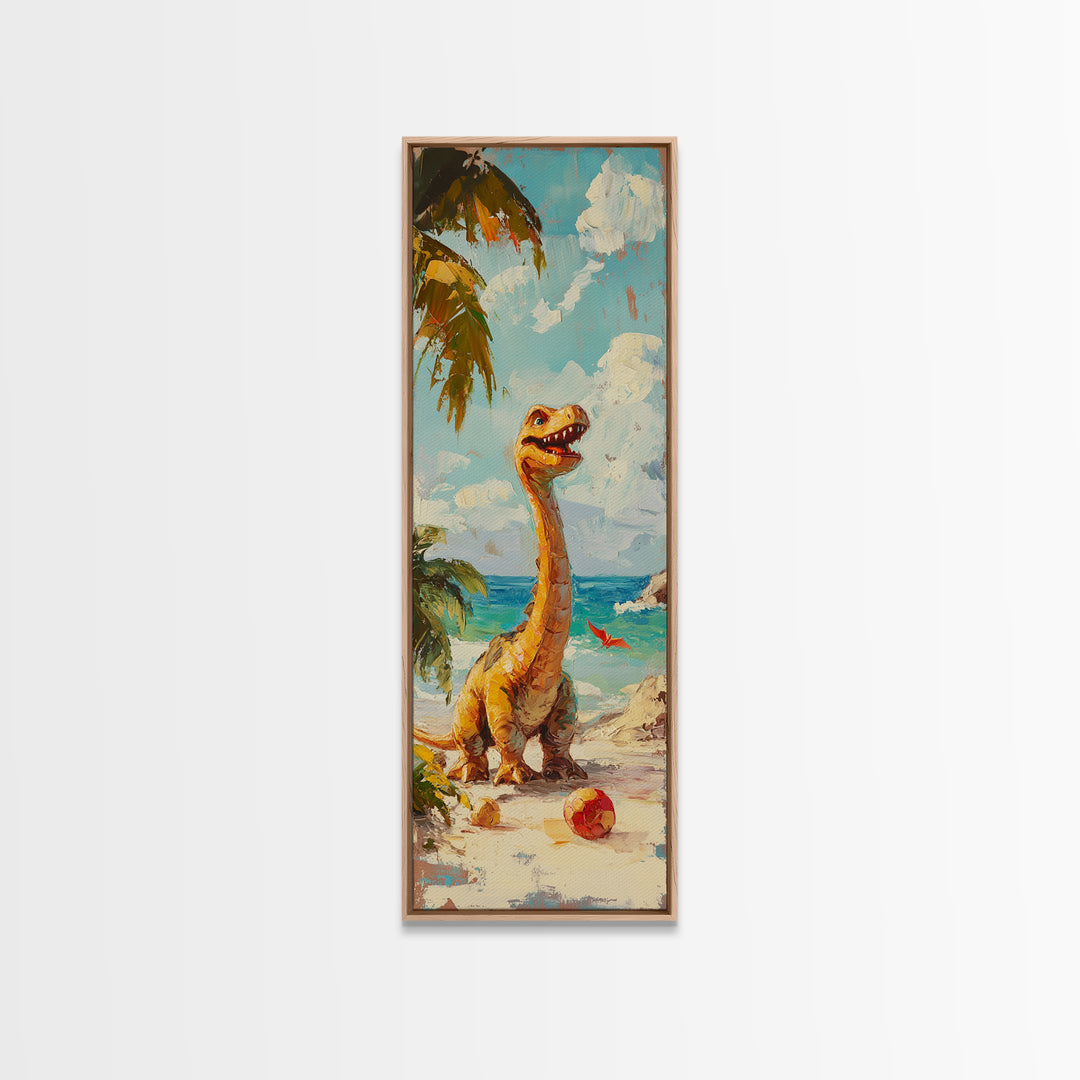 Cheerful Dinosaur On Tropical Beach Canvas Print, Whimsical Nursery Decor, Coastal Kids Room Art, Cute Animal Wall Decor