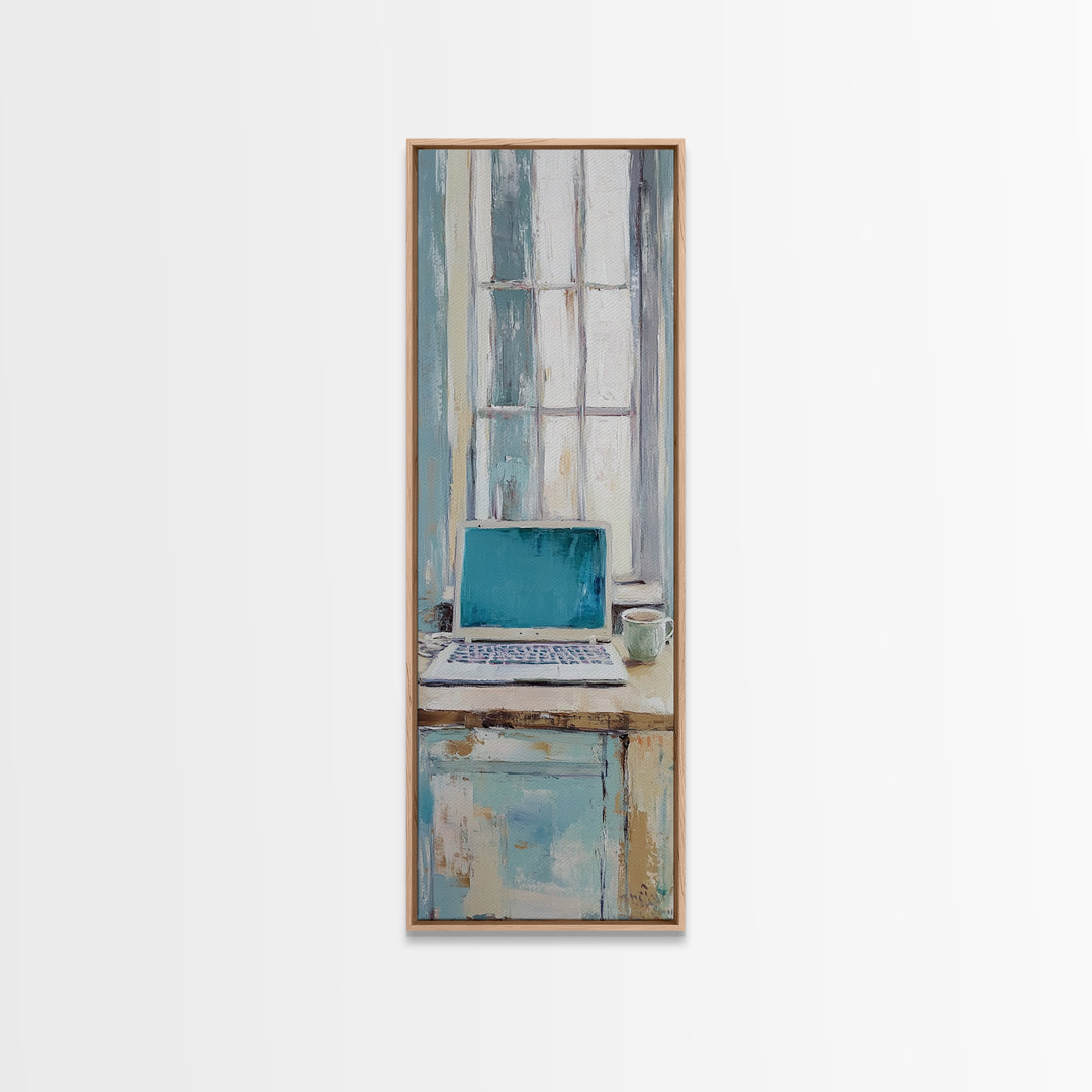 Blue Laptop By Bright Window Wall Art, Home Office Decor, Minimalist Desk Art Print, Modern Work From Home Canvas Art Decor
