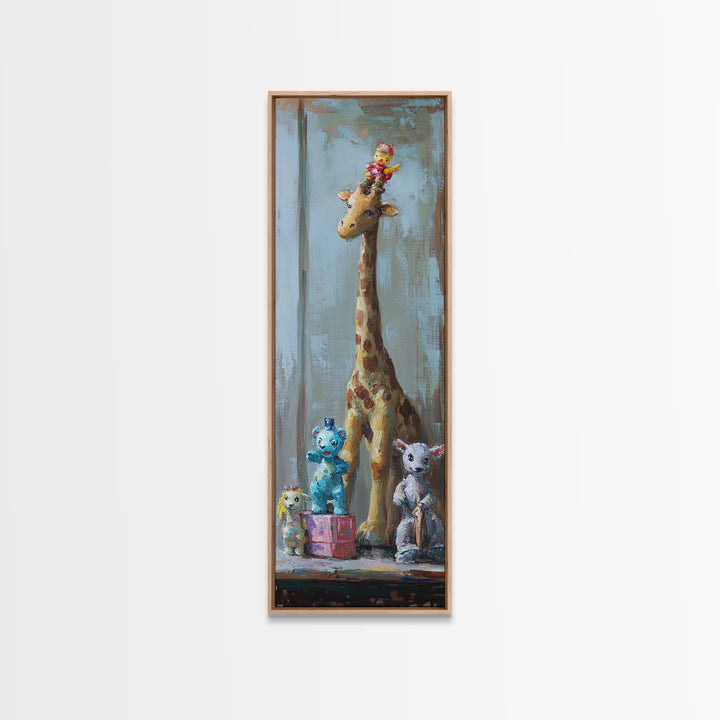 Whimsical Giraffe And Teddy Bear Framed Canvas Print, Nursery Wall Art, Kids Room Decor, Safari Animal Baby Shower Gift Idea